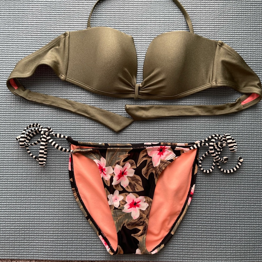 Olive Green & Floral Bikini Set